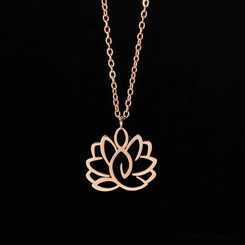 Rose gold lotus enlightenment necklace displayed on neutral background, rose gold stainless steel with hollow lotus design