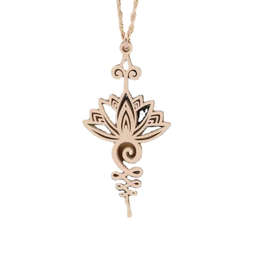 Rose gold titanium steel lotus unalome pendant necklace front view on pure white background, highlighting hollow metal craftsmanship