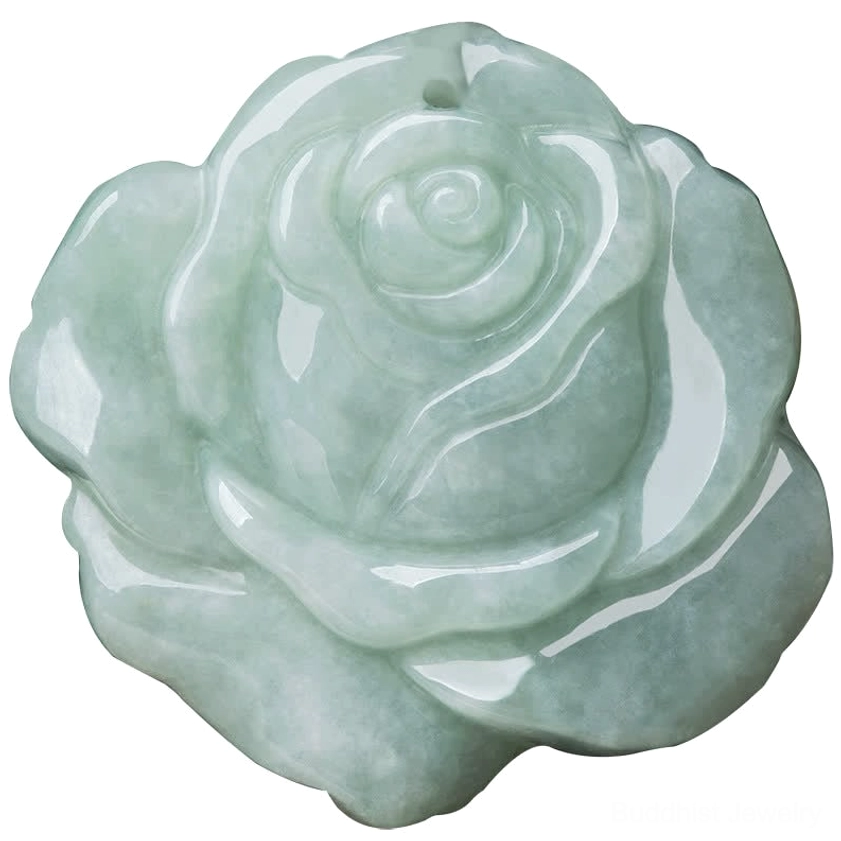 Celadon jade rose pendant with detailed petal carving against neutral background, front-facing view shows hanging hole and artistic relief work