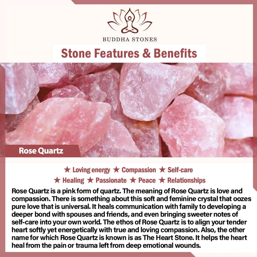 Rose quartz crystal healing properties information card with raw rose quartz stones displayed