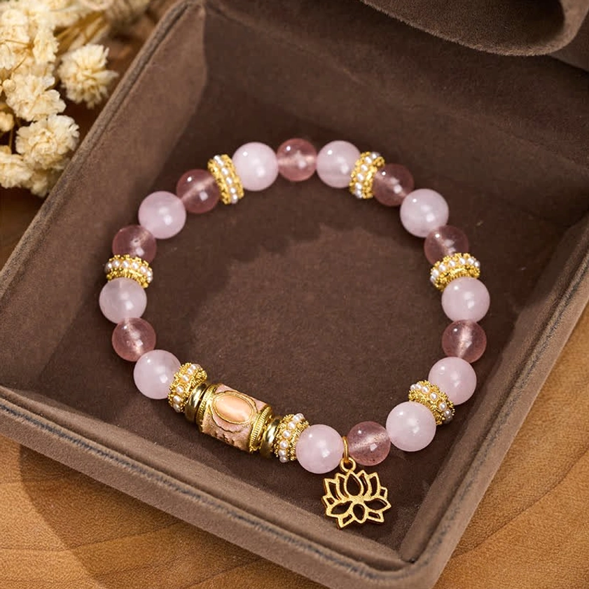 Heart healing crystal bracelet with pink rose quartz beads and lotus charm in luxury velvet jewelry box