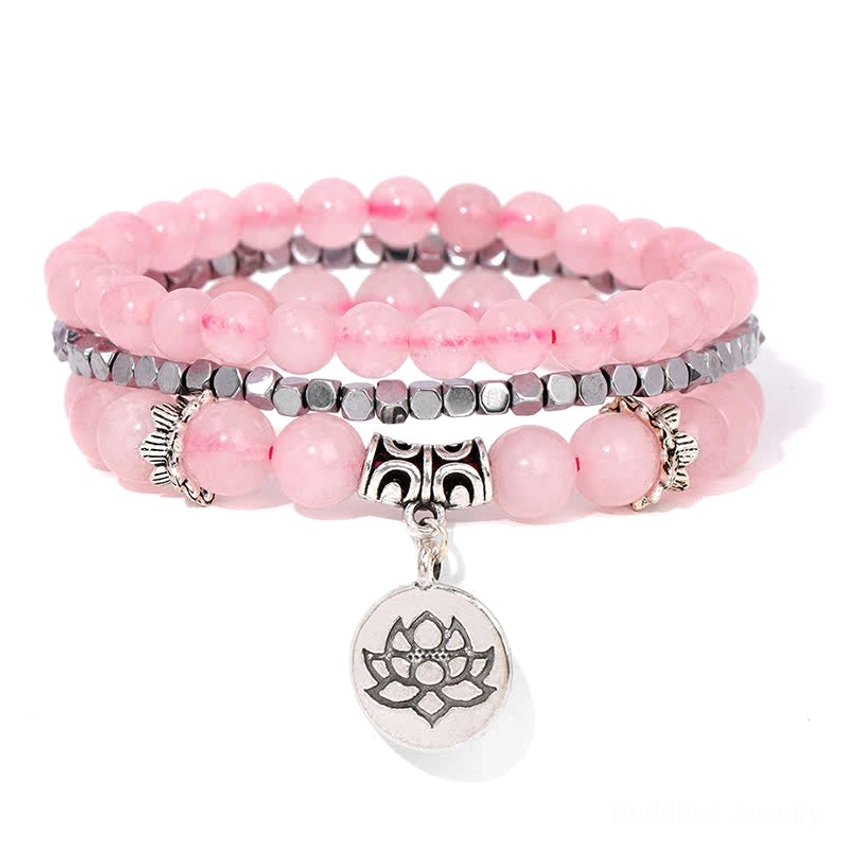 Rose quartz beaded bracelet set with lotus charm for love and emotional healing