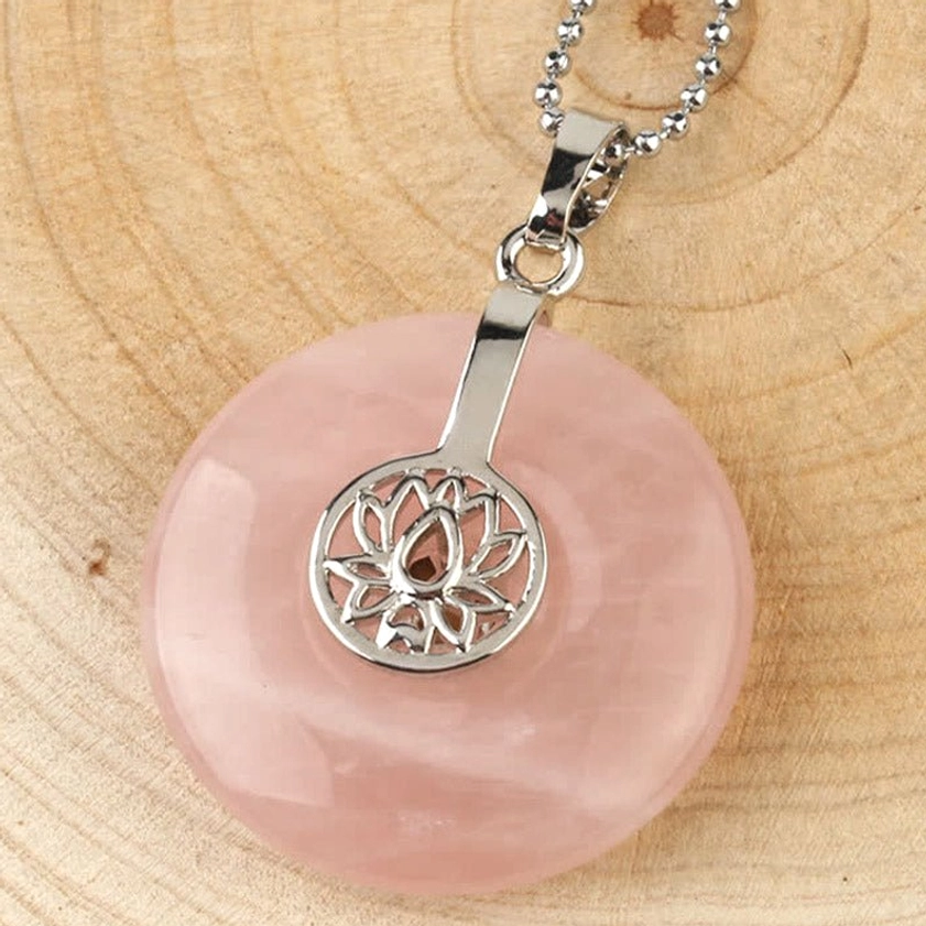 Rose quartz lotus crystal healing pendant necklace - close-up view with silver chain