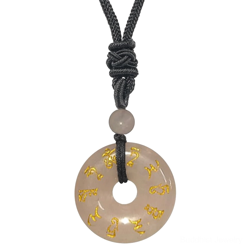 Rose Quartz Green Tara mantra pendant light pink stone with engraved golden Sanskrit and black cord