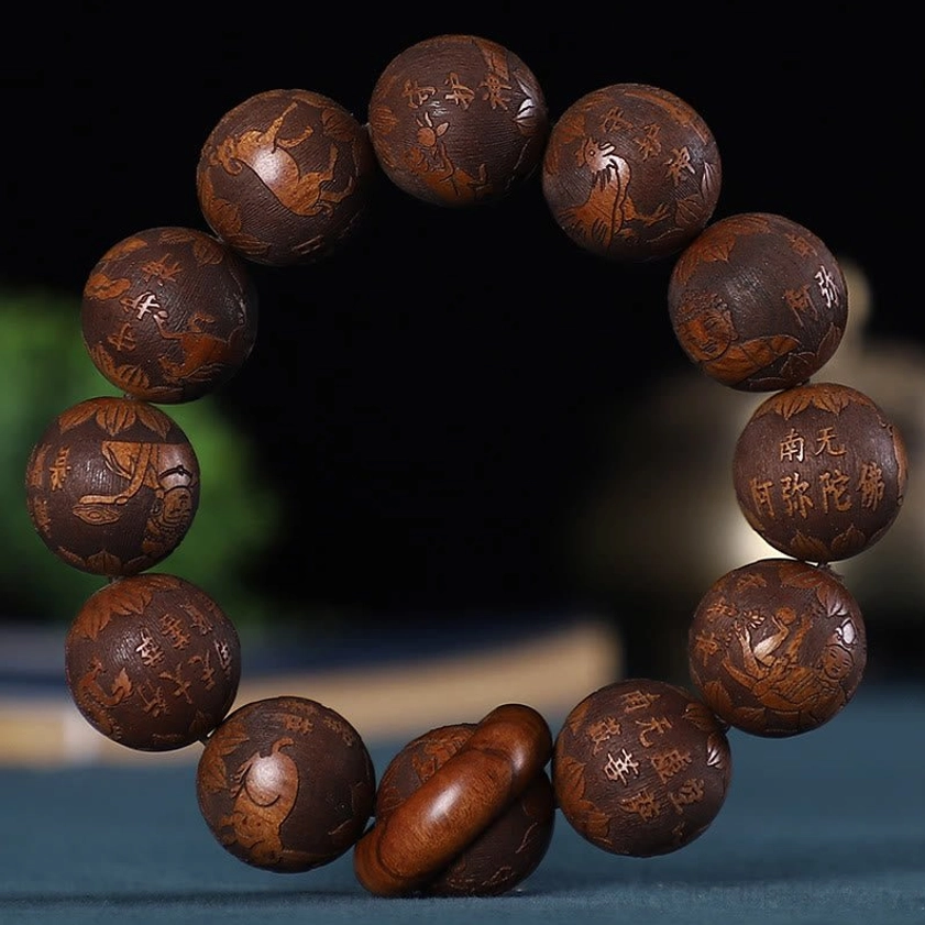 Bodhisattva carved rosewood Buddhist bracelet with deep engravings and wooden lucky buckle, featuring premium ebony wood and sandalwood materials