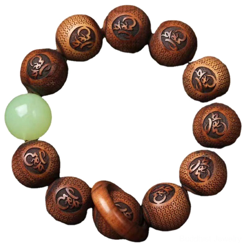 Full circular rosewood Buddhist bracelet flat lay on wooden surface, displaying all 11 carved beads in complete strand formation