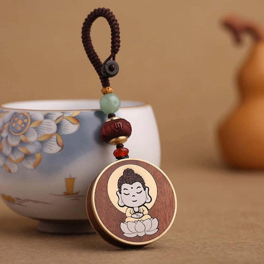 Rosewood Buddha keychain with beaded lanyard - peaceful Buddhist pendant charm