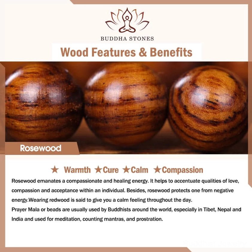 Rosewood material information and benefits for Buddhist bracelets, showing healing and calming properties of rosewood beads