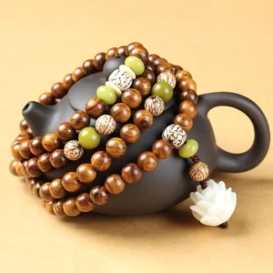 Rosewood lotus mala bracelet with white lotus pendant charm, 108 beads for Buddhist prayer and meditation