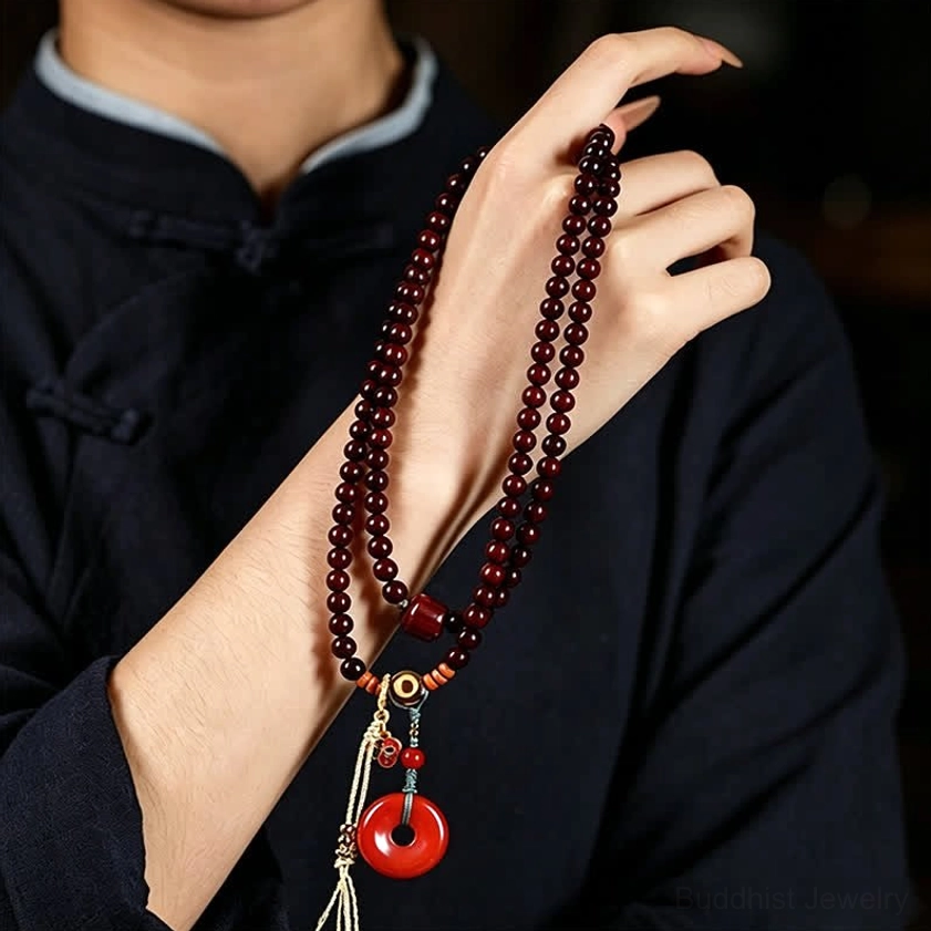 Red rosewood 108 bead mala prayer beads with peace buckle pendant, close-up detail shot showing bead texture and natural wood grain variations