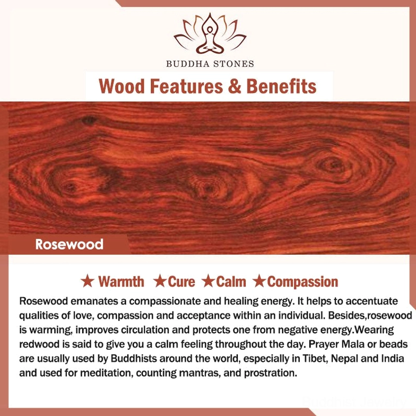 Rosewood prayer mala benefits infographic explaining calming and healing properties for meditation practice