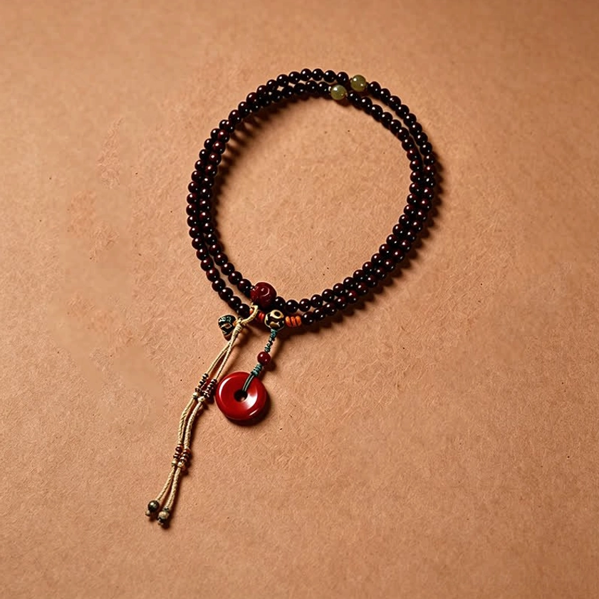 Wrap-around red rosewood mala necklace in side view on tan background, displaying dark reddish-brown beads with red peace buckle and braided tassel