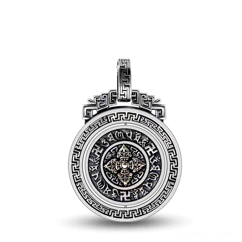 Rotatable double vajra Buddhist necklace pendant with lotus and mantra design for mindfulness practice