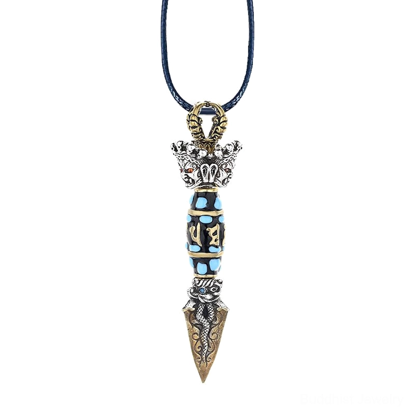 Rotatable Om Mani Padme Hum Buddhist pendant dorje necklace detail shot, showing hand-painted turquoise inlay and copper craftsmanship