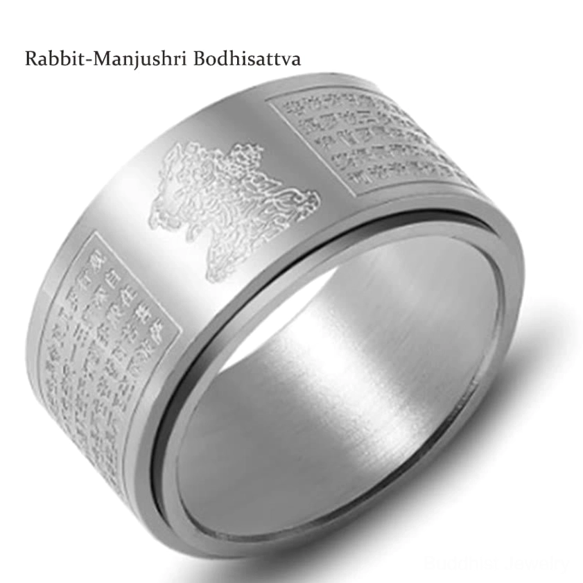 Rotating buddha ring with heart sutra engraving spiritual protection