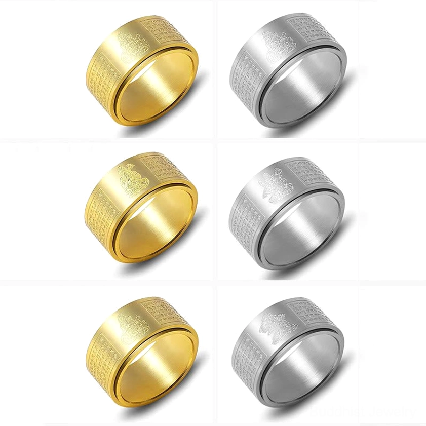 Rotating buddha ring showing fine laser engraving and titanium steel quality