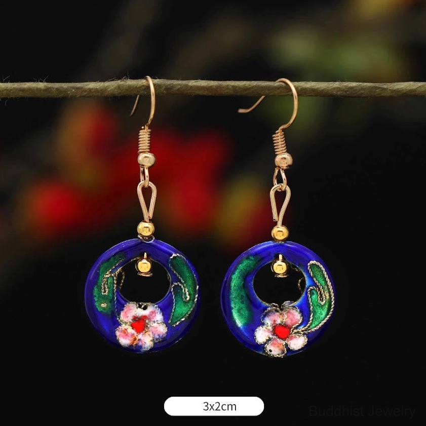 Round dark blue flower enamel earrings size 3.0x2.0cm with traditional copper frame