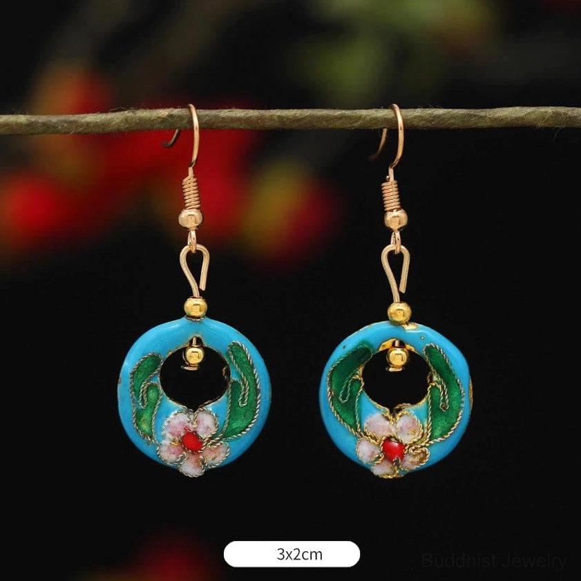 Round red flower enamel drop earrings size 3.0x2.0cm with bold spiritual Buddhist pattern