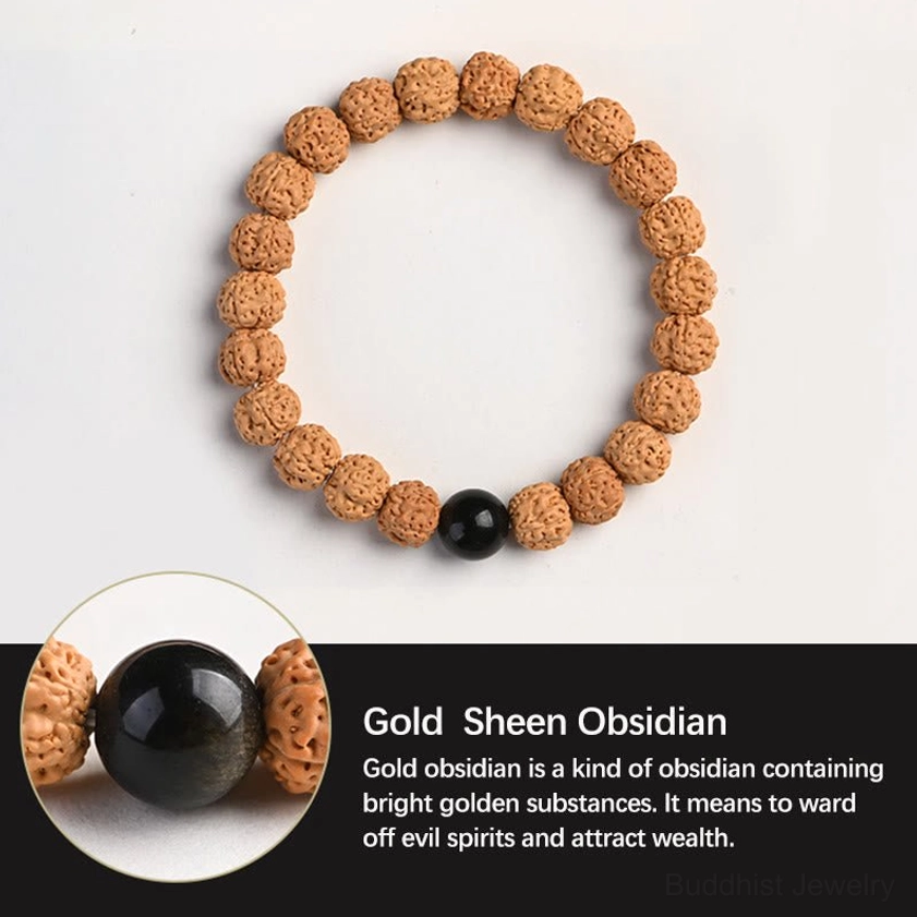 Handmade rudraksha bodhi seed bracelet with natural gemstone accents and elastic band