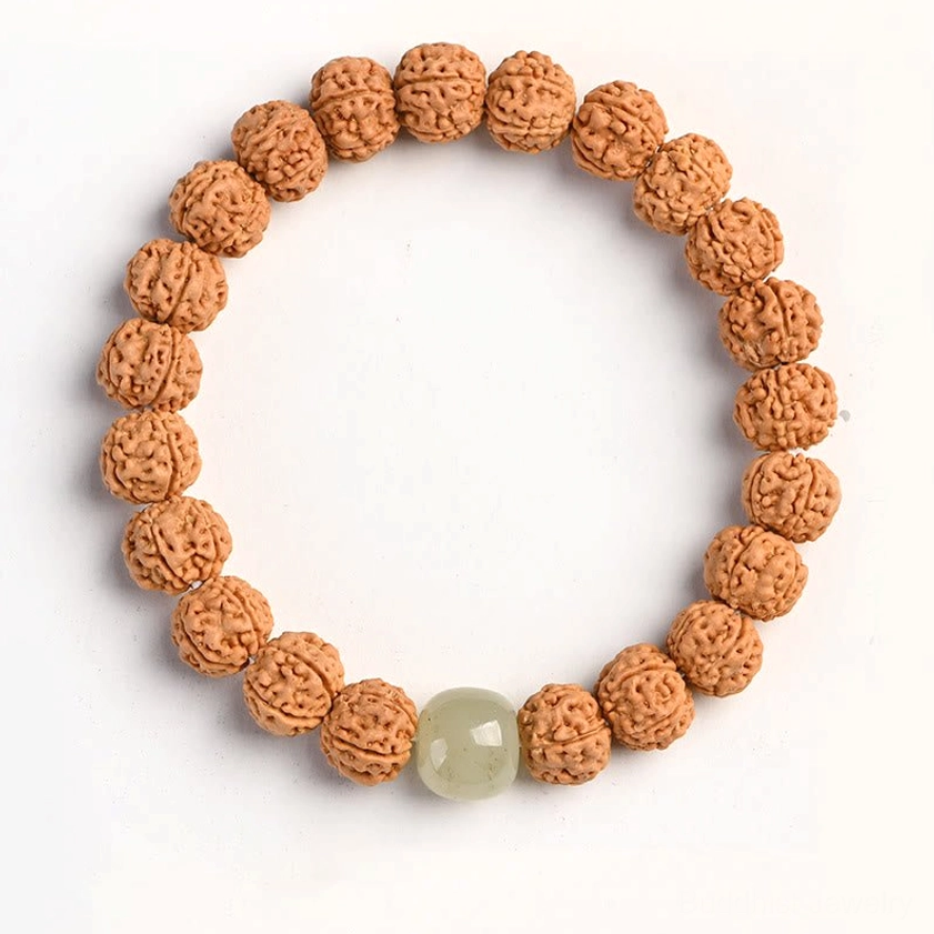 Premium rudraksha bodhi bracelet with hetian jade gemstone and carved seed beads