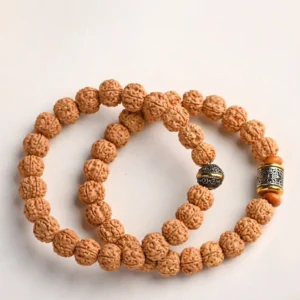 Multiple rudraksha bodhi seed bracelets displayed in flat lay with carved tan seeds and Tibetan silver accents