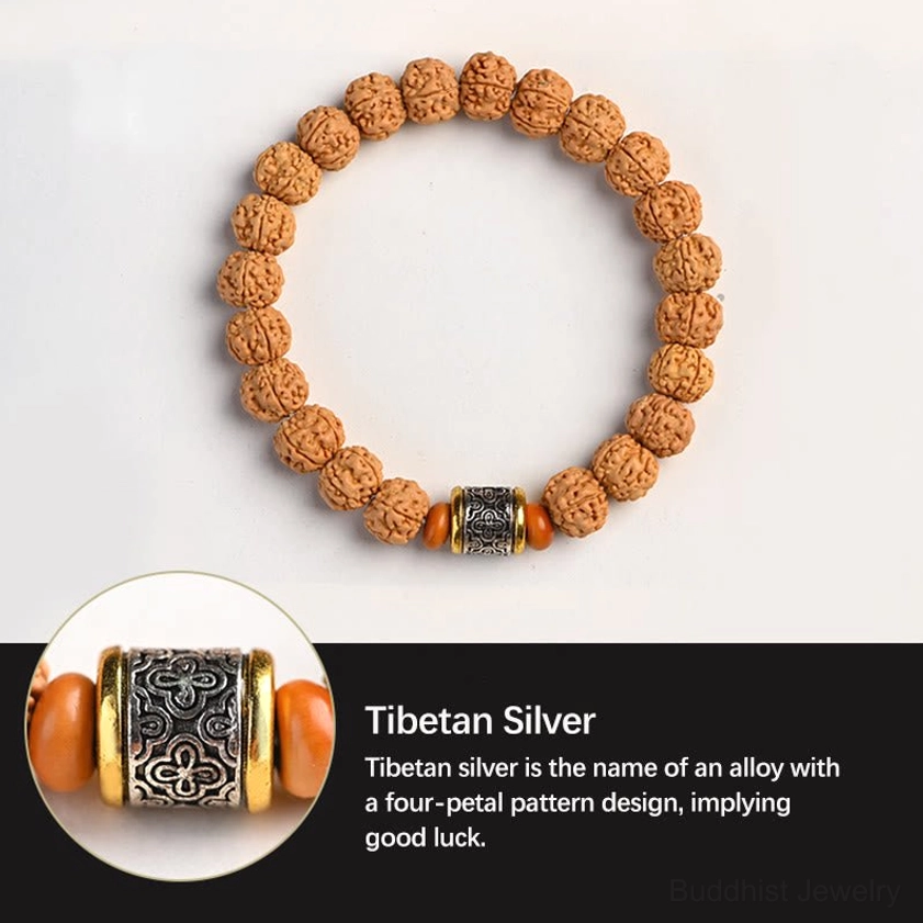 Rudraksha bodhi bracelet with four-petal pattern decorative silver bead and orange wooden elements
