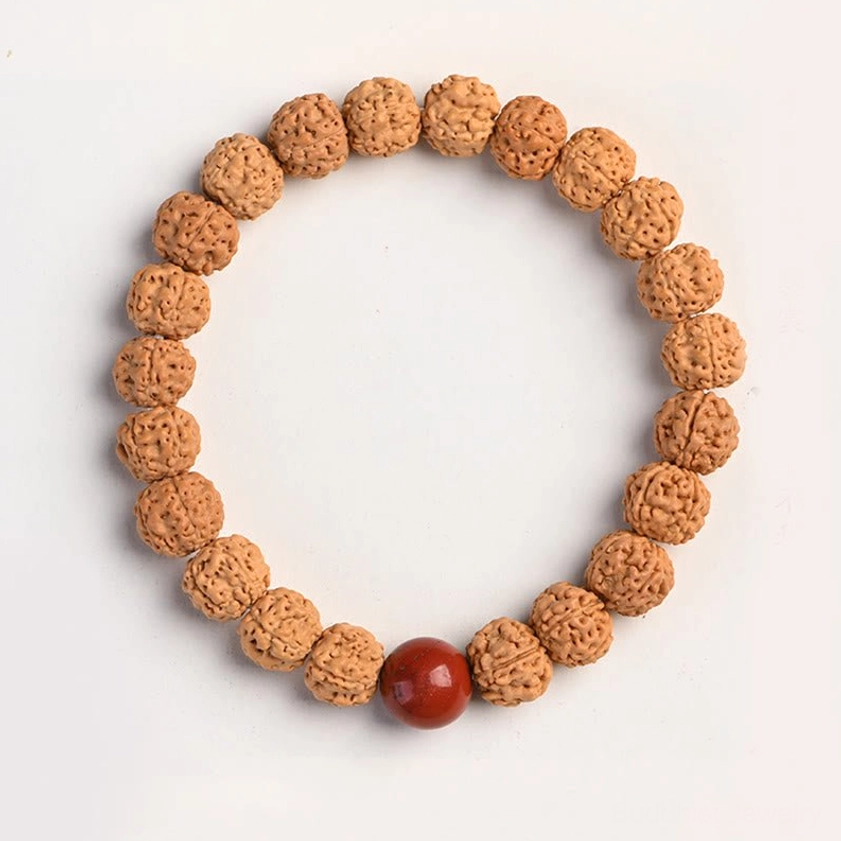 Rudraksha bodhi bracelet with rhodochrosite gemstone accent and natural seed beads