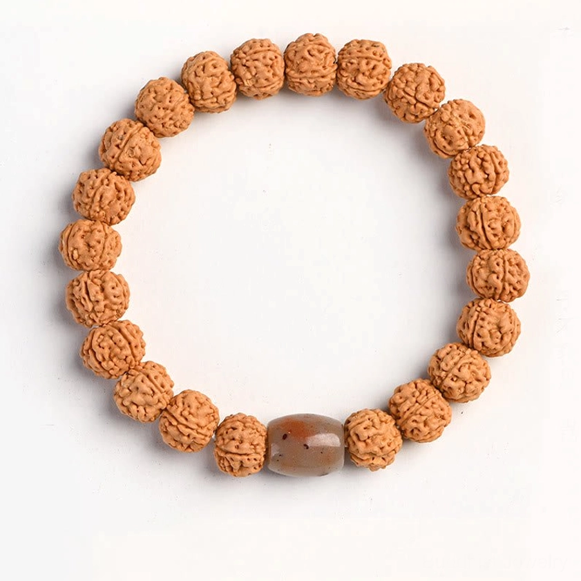 Rudraksha bodhi bracelet featuring shoushan stone accent with traditional design elements
