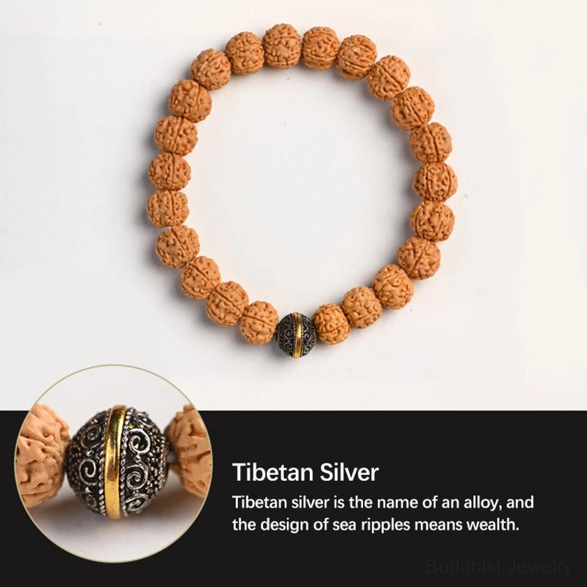 Rudraksha bodhi bracelet with sea ripple pattern Tibetan silver bead close-up detail view