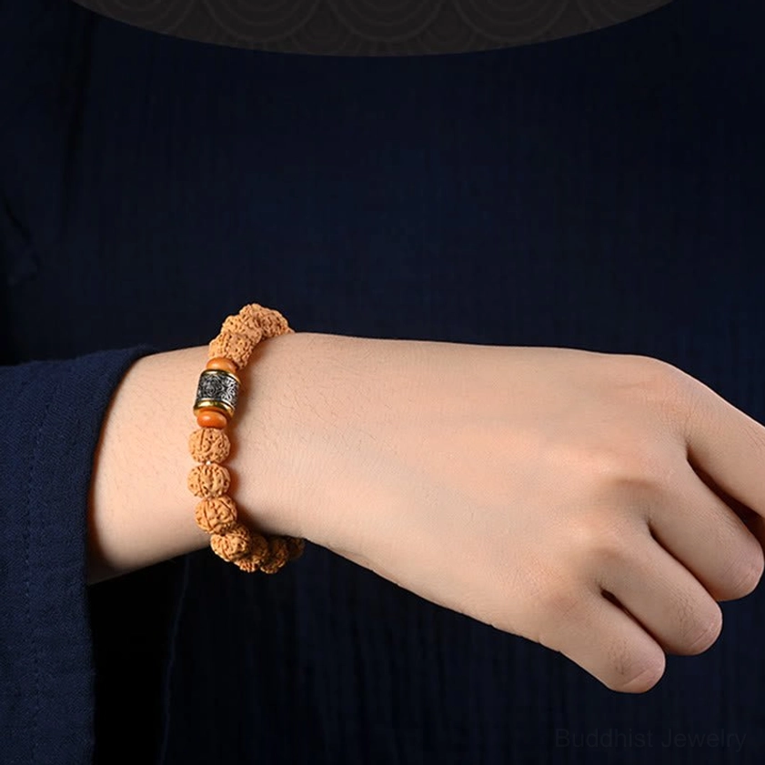 Rudraksha bodhi seed bracelet worn on wrist close-up showing fit and daily wear styling