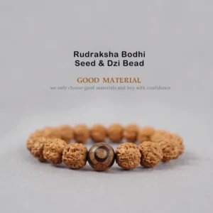 Rudraksha Bodhi Seed and Dzi Bead bracelet flat lay showing textured brown rudraksha seeds with patterned dzi bead accent for spiritual protection