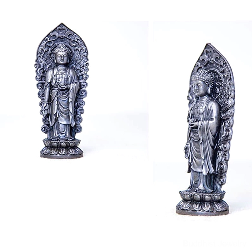 Rustic weathered Amitabha Buddha trinity statue with authentic patina finish representing timeless spiritual tradition in handmade resin sculpture