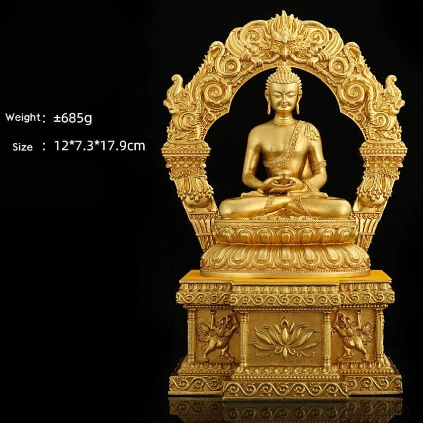 Sacred Buddhist statue hand-cast copper with traditional lotus pedestal and gilded spiritual finish