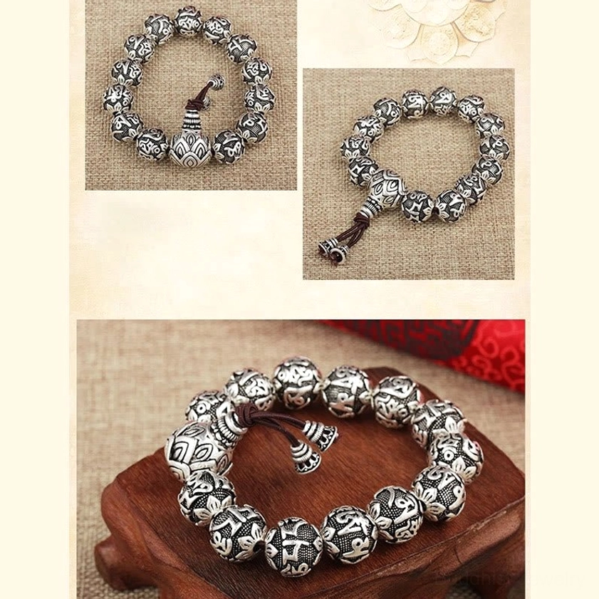 Sacred Buddhist mala bracelet featuring 108 carved alloy beads with Om Mani Padme Hum mantra engravings