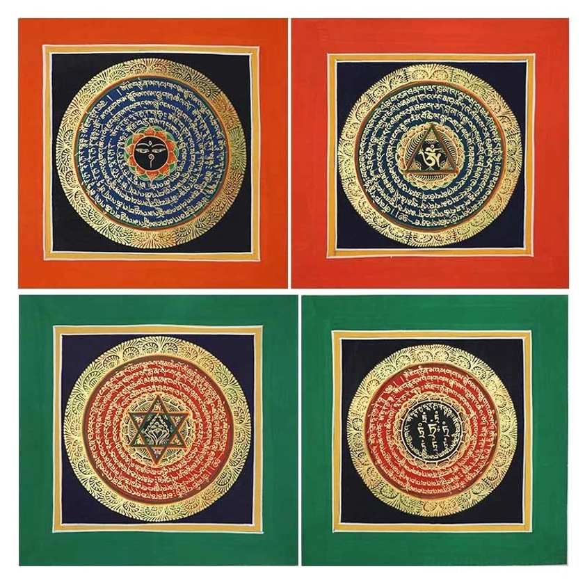 Sacred Buddhist mandala thangka featuring symmetrical geometric patterns and vibrant spiritual colors – meditation focal point artwork