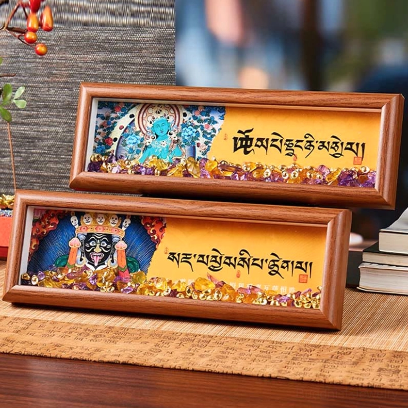 Sacred Buddhist mantra thangka frame spiritual art with healing gemstone crystals display