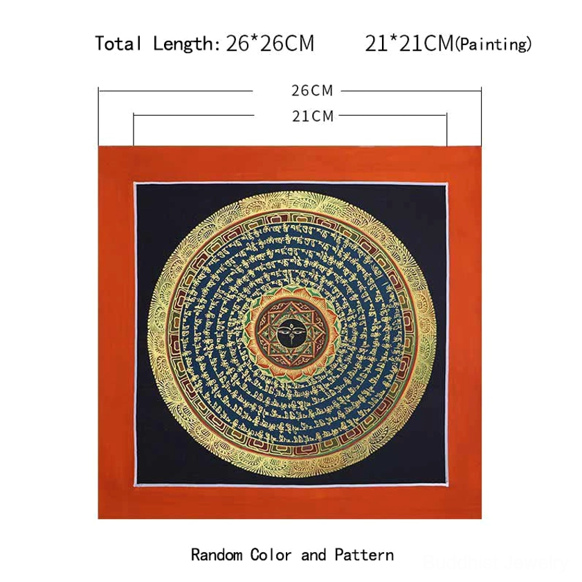 Sacred Buddhist thangka scroll with gold mantra text and layered mandala design – traditional spiritual art for altar and home décor