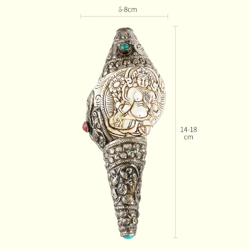 Buddhist sacred conch shankha with multiple deity designs and spiritual symbolism