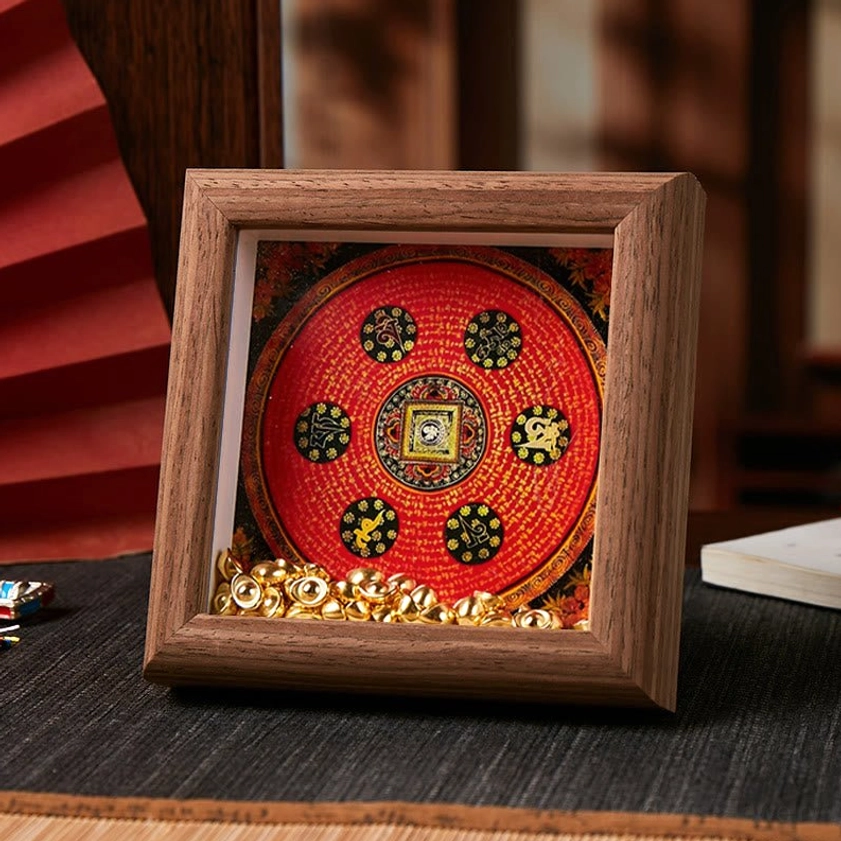 Sacred geometry mandala thangka altar frame red design dark wood with golden decorative accents