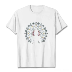 Sacred Mandala Buddha T-Shirt white cotton flat lay front view with intricate spiritual design