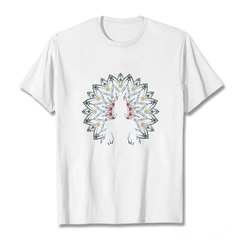 Sacred Mandala Buddha T-Shirt white cotton flat lay front view with intricate spiritual design