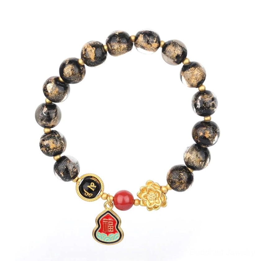 Complete Om Mani Padme Hum bracelet with lotus charm, Fu character pendant, and mixed glass beads on red background