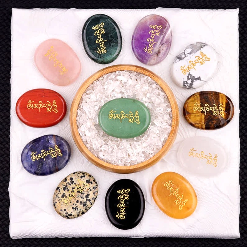 Om Mani Padme Hum sacred mantra palm stone for inner peace spiritual healing