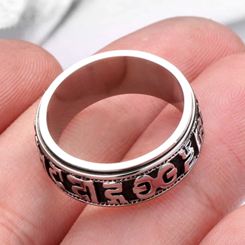 Sacred mantra spinner ring with bioactive titanium steel promoting wellness and balance