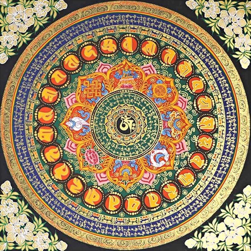 Sacred Om Mani Padme Hum mandala thangka featuring enlightenment symbolism and Buddhist compassion visualization