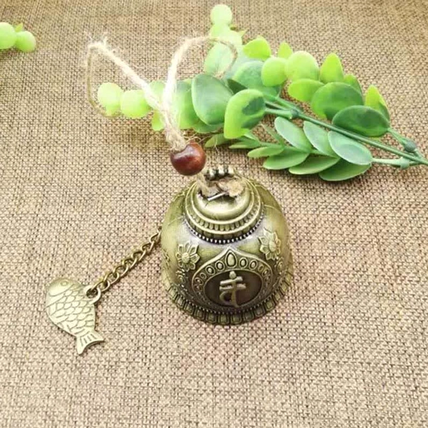Sanskrit carved Buddhist wind chime bell with fish metal charm and hemp rope hanger