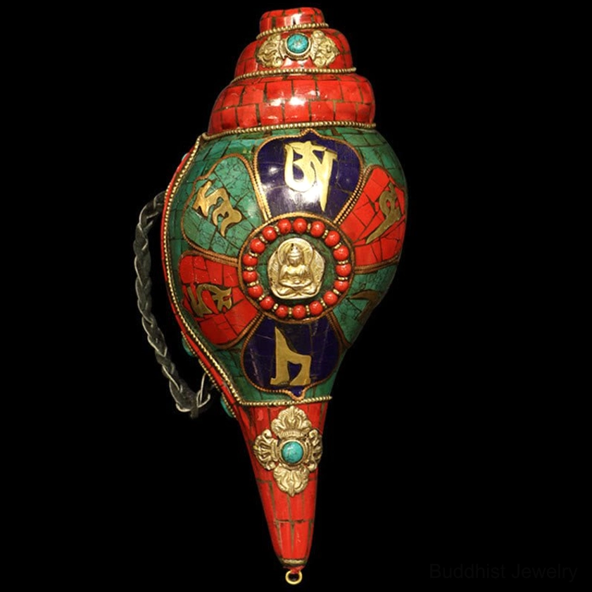 Full front view of sacred Shankha conch ornament featuring Buddha relief and inlaid gemstone mosaic design