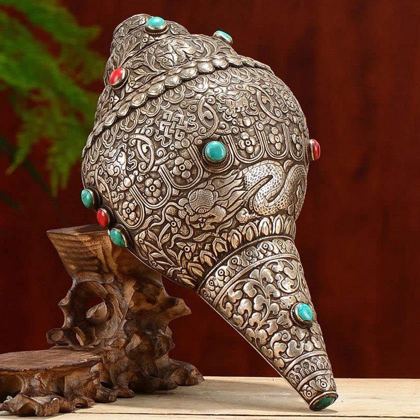 Handcrafted sacred Shankha conch shell with Eight Auspicious Symbols, turquoise and red gemstone inlays on wooden display stand