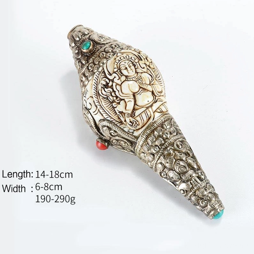 Buddhist shankha decoration top view with size specifications and inlaid gemstones