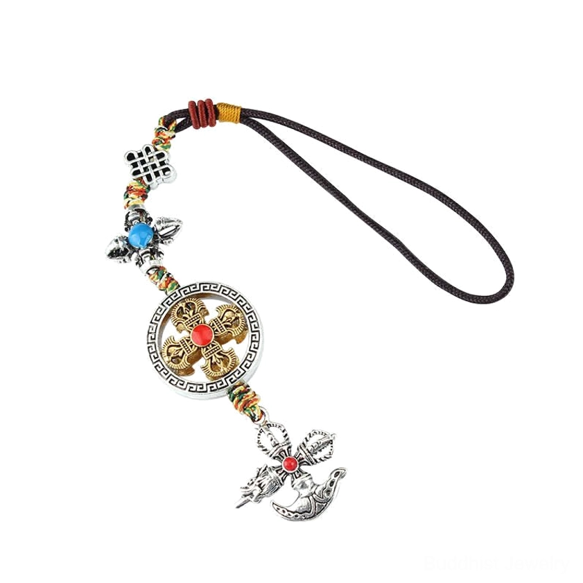 Sacred vajra ornament representing enlightenment, spiritual power and indestructibility - handmade Buddhist car hanging